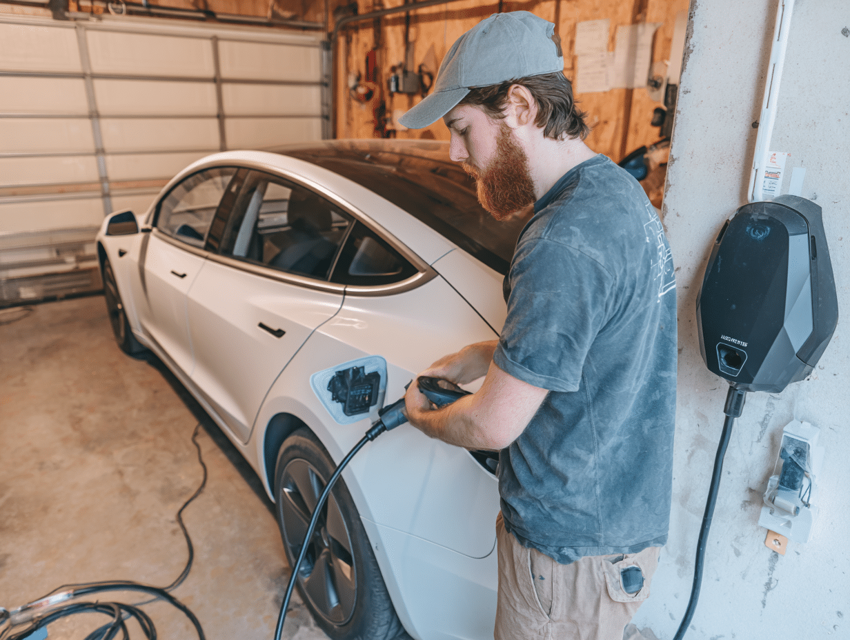 Man installing an EV charger on a white electric vehicle in a garage, showcasing the importance of professional EV charger installation in Kansas City, MO.