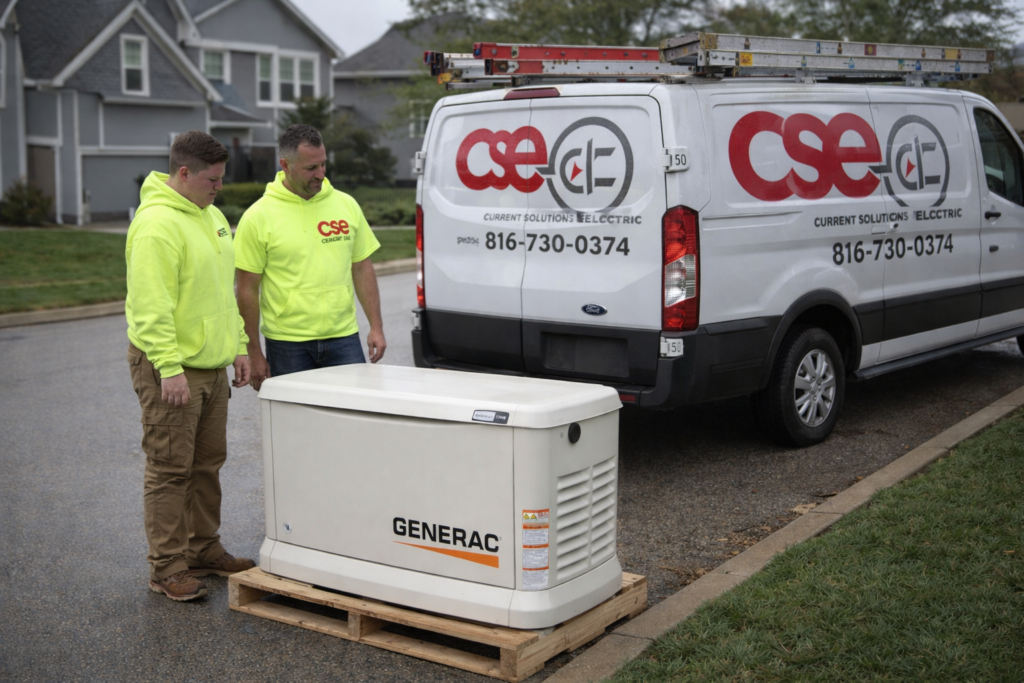 Two technicians in bright yellow hoodies inspecting a Generac standby generator near a Current Solutions Electric service van, emphasizing authorized installation services in Kansas City.