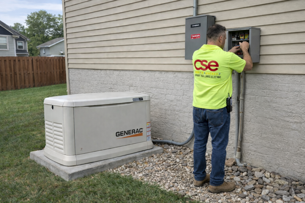 Authorized technician from Current Solutions Electric installing a Generac standby generator in Kansas City, ensuring reliable backup power for homeowners.